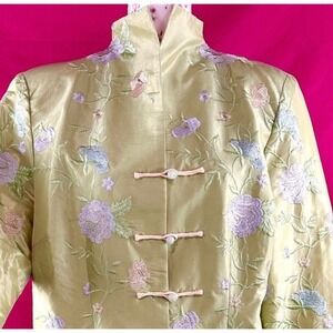 Green Embroidered Asian Inspired Long Floral‎ Jacket Shiny Size Large La Cera